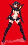  1girl boots breasts high_heel_boots high_heels highres kill_la_kill large_breasts matoi_ryuuko midriff multicolored_hair red_background senketsu simple_background suspenders thigh_boots thighhighs two-tone_hair 