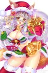  animal_ears areola_slip areolae au7 bangs bell blunt_bangs blush bow breasts christmas cleavage fang flower foreshortening gift glasses hair_flower hair_ornament large_breasts nail_polish open_mouth original reaching_out sack santa_costume seiken_orochi_chronicle solo tail thighhighs white_hair yellow_eyes 