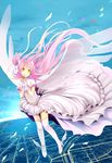  absurdres bow day dress gloves hair_bow hands_clasped herr_meer highres interlocked_fingers kaname_madoka long_hair magical_girl mahou_shoujo_madoka_magica own_hands_together pink_hair sky smile solo spoilers thighhighs two_side_up ultimate_madoka wind yellow_eyes 