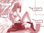  ahoge artoria_pendragon_(all) blush bra bra_strap breasts camisole casual check_translation cleavage dressing fate/zero fate_(series) kneehighs loose_socks monochrome on_bed ponytail saber skirt small_breasts socks solo thought_bubble tkbnmnm translated translation_request underwear 