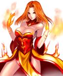  bare_legs bare_shoulders bracelet breasts cleavage defense_of_the_ancients detached_collar detached_sleeves dota_2 earrings fire gem highres jewelry kumiko_shiba large_breasts lina_inverse_(dota_2) lips long_hair orange_hair red_eyes showgirl_skirt smile solo 