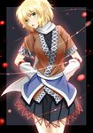  akashiro_sen arm_warmers arms_behind_back aura blonde_hair dress frame green_eyes grey_background head_tilt high_collar highres layered_dress light_particles light_trail looking_at_viewer mizuhashi_parsee open_mouth pointy_ears short_hair simple_background solo touhou 