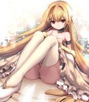  arm_strap blonde_hair choker highres legs long_hair long_legs original panties red_eyes shoes sitting solo thighhighs umakatsuhai underwear white_legwear white_panties 