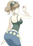  1girl ass beauty_(pokemon) brown_hair glasses green_eyes looking_at_viewer looking_back npc npc_trainer poke_ball pokemon pokemon_(game) pokemon_xy simple_background solo souji white_background 