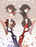  black_hair blue_eyes crossover dress gloves highres hillly_(maiwetea) horns kijin_seija kill_la_kill look-alike matoi_ryuuko multicolored_hair multiple_girls okobo open_mouth puffy_sleeves red_eyes red_gloves red_hair school_uniform scissor_blade scissors serafuku shirt short_sleeves skirt smile streaked_hair touhou white_dress 