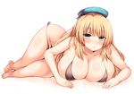  atago_(kantai_collection) bikini black_bikini blonde_hair blue_eyes breasts cleavage hat huge_breasts kantai_collection long_hair looking_at_viewer naoyama_masaru side-tie_bikini simple_background solo swimsuit white_background 