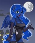  anthrofied blue_eyes blue_hair blush breasts city cutie_mark elbow_gloves equine female friendship_is_magic gloves hair horn horse human humanized legwear mammal moon my_little_pony one-piece_swimsuit pony princess_luna_(mlp) shepherd0821 solo stockings swimsuit text winged_unicorn wings 