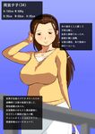  amamiya_yuuko_(donson) blue_background blush breasts brown_hair donson large_breasts long_hair looking_at_viewer original simple_background smile solo translation_request 