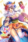  :d animal_ears au7 breasts cleavage flower geta hair_flower hair_ornament japanese_clothes kimono large_breasts long_hair open_mouth original seiken_orochi_chronicle silver_hair smile solo tail thighhighs white_legwear yellow_eyes 