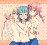  2boys abs bisexual_(male) blonde_hair blue_eyes blue_hair blush breasts dual_persona fusion genderswap genderswap_(mtf) glasses green_eyes inazuma_eleven_(series) inazuma_eleven_go inazuma_eleven_go_chrono_stone kariya_masaki kirino_ranmaru kirino_ranmaru_(mixi_max_jeanne_d'arc) long_hair medium_breasts multiple_boys navel open_mouth pink_hair riyu_(yulevy) sandwiched shirtless topless twintails yellow_eyes 