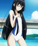  1girl asobi_ni_iku_yo! beach black_hair flat_chest futaba_aoi_(asobi_ni_iku_yo!) glasses highres long_hair one-piece_swimsuit solo swimsuit very_long_hair 