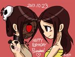  2girls bare_shoulders blush brown_eyes brown_hair carol_(skullgirls) character_name commentary_request dated dual_persona eye_contact face-to-face hair_ornament happy_birthday looking_at_another mask multiple_girls nyoro_mutou painwheel_(skullgirls) pink_background red_eyes skullgirls smile 