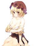  aki_minoriko bad_id bad_pixiv_id blonde_hair bra breasts cleavage dirty food fruit grapes hat large_breasts looking_at_viewer off_shoulder panties red_eyes short_hair simple_background solo torn_clothes touhou underwear white_background white_bra white_panties yutazou 