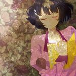  autumn_leaves awaji_masaru black_hair book closed_eyes hanekawa_tsubasa monogatari_(series) school_uniform short_hair solo 