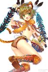  :3 animal_ears ass au7 boots bracelet breasts brown_hair dual_wielding fang feathers green_eyes hair_feathers hair_ornament hairband holding jewelry knee_boots medium_breasts nail_polish original seiken_orochi_chronicle short_hair simple_background solo tail underboob weapon white_background 