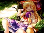  alcohol blonde_hair blush bow chain cloud cloudy_sky cup fang gengetsu_chihiro gourd hair_bow highres horn_ribbon horns ibuki_suika in_tree long_hair looking_at_viewer low-tied_long_hair navel open_clothes open_mouth open_shirt red_eyes ribbon sakazuki sake shirt sitting sitting_in_tree skirt sky sleeveless sleeveless_shirt smile solo touhou tree very_long_hair wrist_cuffs 