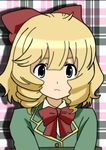  blonde_hair blue_eyes bow curly_(jintai) drill_hair hair_bow jinrui_wa_suitai_shimashita mononoke_(karipap-youkai) school_uniform short_hair solo 