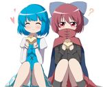  ? blue_hair bow bwell cape closed_eyes covered_mouth eating hair_bow heart long_sleeves multiple_girls red_eyes red_hair sekibanki short_hair simple_background sitting skirt tatara_kogasa touhou white_background 
