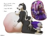  2018 akkusky ambiguous_fluids big_breasts black_fur black_lips black_nipples body_outline breasts canine countershade_face countershade_tail countershade_torso countershading cutaway dog english_text eyebrow_piercing facial_piercing fangs female female_pred female_prey fur gloves_(marking) hair husky internal licking licking_lips lip_piercing lip_ring mammal markings multi_tail nipples piercing pink_eyes pink_hair poojawa purple_fur pussy sabertooth_(feature) same_size_vore simple_background socks_(marking) text tongue tongue_out unbirthing vore white_background white_countershading white_fur 