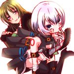  black_eyes blonde_hair blood blood_on_face fate/apocrypha fate_(series) finger_licking jack_the_ripper_(fate/apocrypha) licking mikecat multiple_girls rikudou_reika short_hair white_hair 