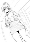  ayase_eli blush breasts frapowa from_below greyscale hair_ornament hairpin hand_on_hip long_sleeves looking_at_viewer looking_down love_live! love_live!_school_idol_project medium_breasts monochrome parted_lips pencil_skirt ponytail scrunchie sketch skirt solo 