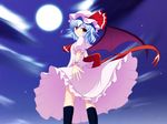  ascot bat_wings black_legwear blouse blue_background blue_hair bow cloud dress frilled_dress frilled_shirt frilled_skirt frills full_moon hat hat_bow highres junior27016 kneehighs large_bow looking_at_viewer looking_back mob_cap moon moonlight outstretched_hand pink_dress pink_shirt puffy_sleeves red_eyes remilia_scarlet ribbon shirt short_sleeves skirt skirt_set sky smile solo standing star_(sky) touhou wings wrist_cuffs 