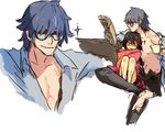  1girl ? aviator_sunglasses black_hair blanket blue_hair cup kill_la_kill leeis_cool matoi_ryuuko mikisugi_aikurou newspaper open_clothes open_shirt shirt sunglasses teacup 