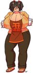  apron bottle breasts brown_hair cleavage cow_girl cow_girl_(hataraki) gigantic_breasts highres horns looking_at_viewer milk sandals short_hair simple_background sprite37 sukimi_(hataraki) white_background wink yellow_eyes 