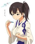  breasts brown_eyes brown_hair clenched_hand fist_pump japanese_clothes kaga_(kantai_collection) kantai_collection kozou_(rifa) large_breasts open_mouth ponytail pregnancy_test side_ponytail simple_background solo translated white_background 