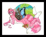  female fluffy_tail fur hair looking_at_viewer luthiennightwolf nude pink_fur pink_hair smile solo unknown_species white_fur wings 