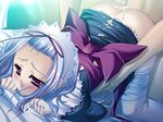  1boy 1girl bed blue_hair character_request clothed_sex game_cg hikage_eiji koihime_musou maid pink_eyes sex thighhighs toutaku white_legwear 