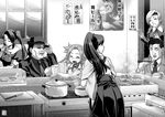  4girls buntaichou chitose_(kantai_collection) closed_eyes commentary_request crossover food_request formal greyscale hat houshou_(kantai_collection) indoors inogashira_gorou japanese_clothes jun'you_(kantai_collection) kantai_collection kodoku_no_gourmet long_hair monochrome multiple_boys multiple_girls nachi_(kantai_collection) parody short_hair side_ponytail sitting standing suit very_long_hair window 