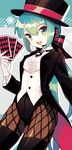 alternate_hairstyle aqua_hair bad_id bad_pixiv_id black_hat black_jacket black_ribbon brooch card center_frills collared_shirt fishnet_pantyhose fishnets gloves green_eyes hat hatsune_miku headset highres jacket jewelry long_hair long_sleeves low_ponytail magician magician_(module) miracle_paint_(vocaloid) open_mouth panttwa pantyhose project_diva_(series) ribbon shirt solo tailcoat thighhighs top_hat very_long_hair vocaloid white_gloves white_shirt wing_collar 