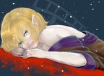  bare_back bare_shoulders blonde_hair blood bloody_tears blue_background expressionless eyelashes fingers_together green_eyes light_particles lips looking_at_viewer lying mizuhashi_parsee off_shoulder on_stomach pointy_ears railing red_string rog92 short_hair simple_background solo string touhou 