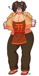  ? apron bottle breasts brown_hair cleavage cow_girl cow_girl_(hataraki) gigantic_breasts highres horns milk sandals simple_background solo sprite37 sukimi_(hataraki) white_background yellow_eyes 