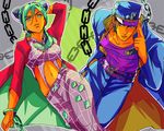  bad_id bad_pixiv_id black_hair braid chain cuffs double_bun father_and_daughter gakuran green_hair handcuffs hat jojo_no_kimyou_na_bouken kuujou_jolyne kuujou_joutarou midriff multicolored_hair orange_skin rag713kuro2 school_uniform two-tone_hair 