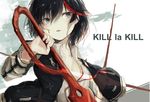  black_hair bleeding blood blush copyright_name dress_shirt english green_eyes holding injury jacket kill_la_kill looking_away matoi_ryuuko multicolored_hair red_hair ribbon scissor_blade shirt short_hair solo sword two-tone_hair weapon yushika 