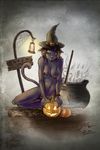  anthro breasts broom cat cauldron feline female halloween hat holidays jack_o&#039;_lantern jack_o'_lantern locopelli looking_at_viewer magic_user mammal nude pinup pose pumpkin pussy solo witch 