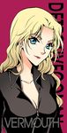  blonde_hair blue_eyes breasts character_name cleavage collarbone copyright_name earrings jewelry light_smile lipstick long_hair looking_at_viewer makeup mca_(dessert_candy) md5_mismatch medium_breasts meitantei_conan simple_background smile solo vermouth_(meitantei_conan) wavy_hair zipper 