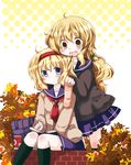  alice_margatroid alternate_costume autumn_leaves bag black_legwear blonde_hair blue_eyes blush_stickers book bow braid brick_wall can couple food frown futami_yayoi hair_bow halftone halftone_background head_on_head headband highres kirisame_marisa kneehighs long_hair multiple_girls neckerchief open_book open_mouth pocky sailor_collar school_bag school_uniform short_hair simple_background single_braid sitting skirt sweater touhou yellow_eyes yuri 