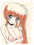  blush bra breasts brown_hair cleavage frapowa heart large_breasts long_hair looking_at_viewer lyrical_nanoha mahou_shoujo_lyrical_nanoha_strikers side_ponytail simple_background solo takamachi_nanoha underwear upper_body 
