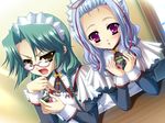  2girls blue_hair brown_eyes character_request game_cg green_hair hikage_eiji kaku_bunwa_(koihime_musou) koihime_musou maid multiple_girls pink_eyes toutaku 