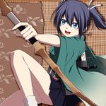  :d arrow bad_id bad_pixiv_id black_skirt blue_eyes blue_hair blush bow_(weapon) eyebrows_visible_through_hair flight_deck from_side gradient_clothes hair_between_eyes hair_ribbon holding holding_bow_(weapon) holding_weapon japanese_clothes kantai_collection kuromayu loose_socks open_mouth outstretched_arm pleated_skirt quiver ribbon rigging round_teeth shiny shiny_skin short_hair skirt smile solo souryuu_(kantai_collection) teeth twintails weapon white_legwear white_ribbon wide_sleeves 