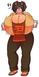  1girl ?! apron bottle breast_expansion breasts cleavage cow_girl cow_girl_(hataraki) gigantic_breasts highres horns milk sandals sprite37 sukimi_(hataraki) yellow_eyes 