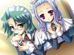  2girls blue_hair brown_eyes character_request game_cg glasses green_hair hikage_eiji kaku_bunwa_(koihime_musou) koihime_musou maid multiple_girls pink_eyes toutaku 