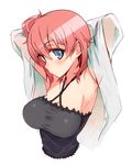  armpits arms_up blue_eyes blush breasts cleavage kusanagi_tonbo large_breasts looking_at_viewer red_hair short_hair simple_background solo yahari_ore_no_seishun_lovecome_wa_machigatteiru. yuigahama_yui 