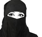  eyebrows eyelashes eyes greyscale headwear hijab monochrome muslim niqab original patterned poaro simple_background solo twitter_username veil white_background 
