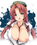  between_breasts blue_eyes braid breast_slip breasts hat highres hong_meiling large_breasts long_hair looking_at_viewer moneti_(daifuku) necktie necktie_between_breasts nipples no_bra one_breast_out open_mouth red_hair snowflakes solo tears touhou twin_braids upper_body 
