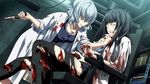  2girls artist_request black_hair blood dunamis_15 eyes_closed forced game_cg indoors knife multiple_girls pantyhose silver_hair sitting tears torn_clothes torn_pantyhose 