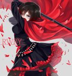  black_hair boots copyright_name dress grey_eyes pantyhose petals rokumitsu ruby_rose rwby short_hair skirt solo 